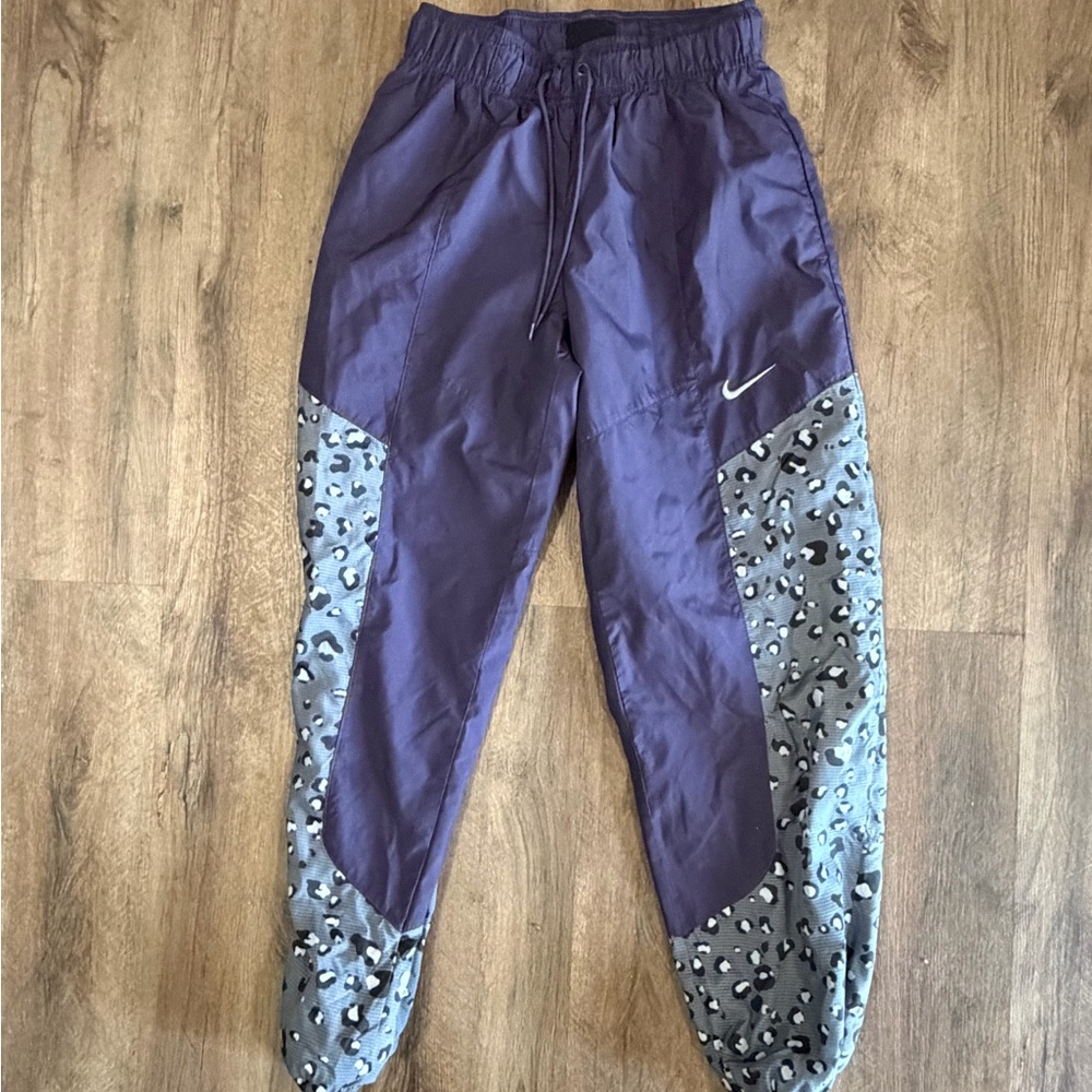Nike Kids Purple Windbreaker Track Pants with Grey Leopard Panels